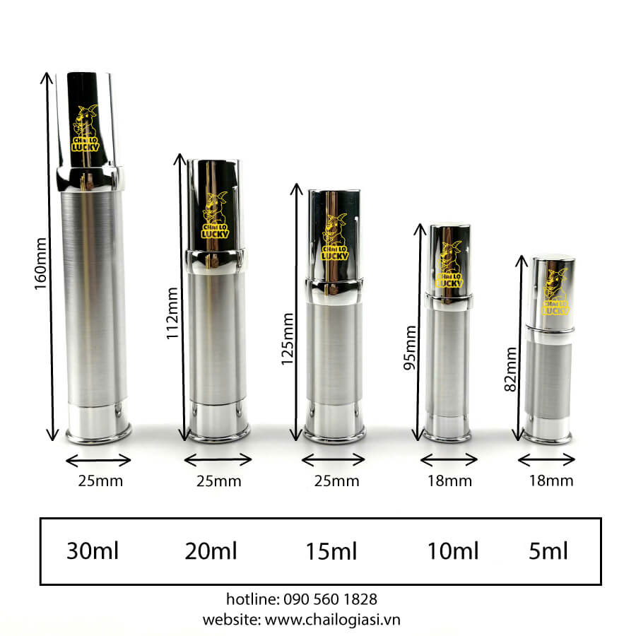 kích thước Chai Hút Chân Không 15ML Màu Bạc Màu Vàng