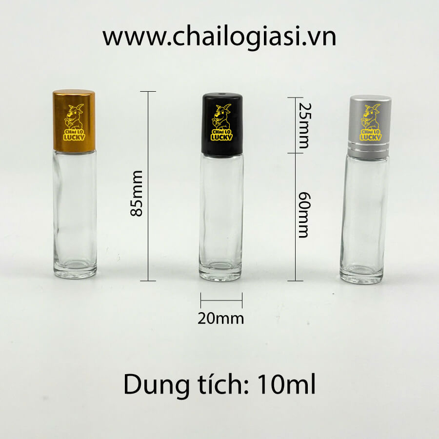 kích thước Chai Bi Lăn Thuỷ Tinh Trong Nắp Bạc 10ml