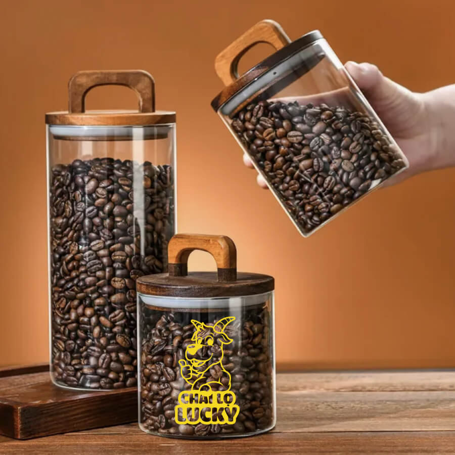 hũ thuỷ tinh đựng cà phê nắp gỗ