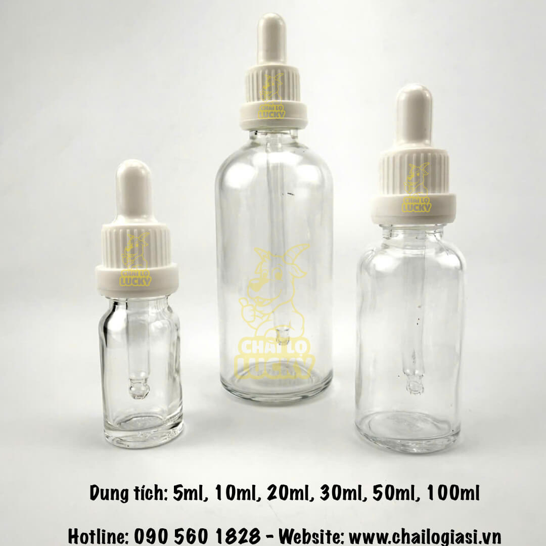 Chai Thuỷ Tinh Trắng Trong đựng tinh dầu khoen trắng sọc 5ml đến 100ml