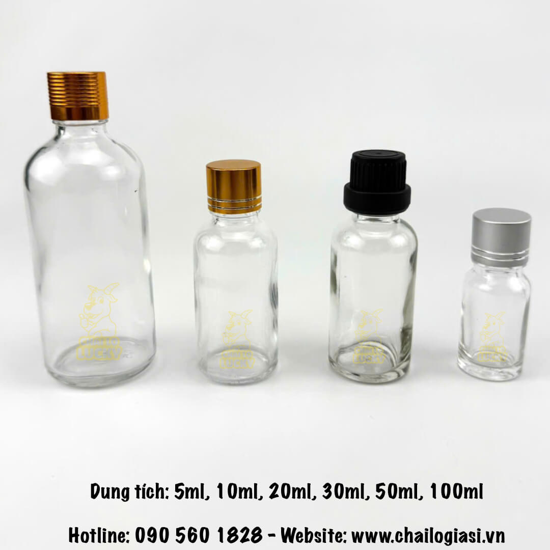 Chai Thuỷ Tinh Trắng Trong đựng tinh dầu nút nhỏ giọt 5ml đến 100ml