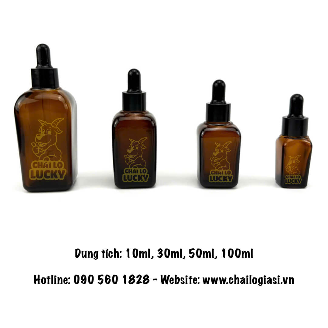 chai thuỷ tinh vuông màu nâu đựng tinh dầu 50ml khoen đen