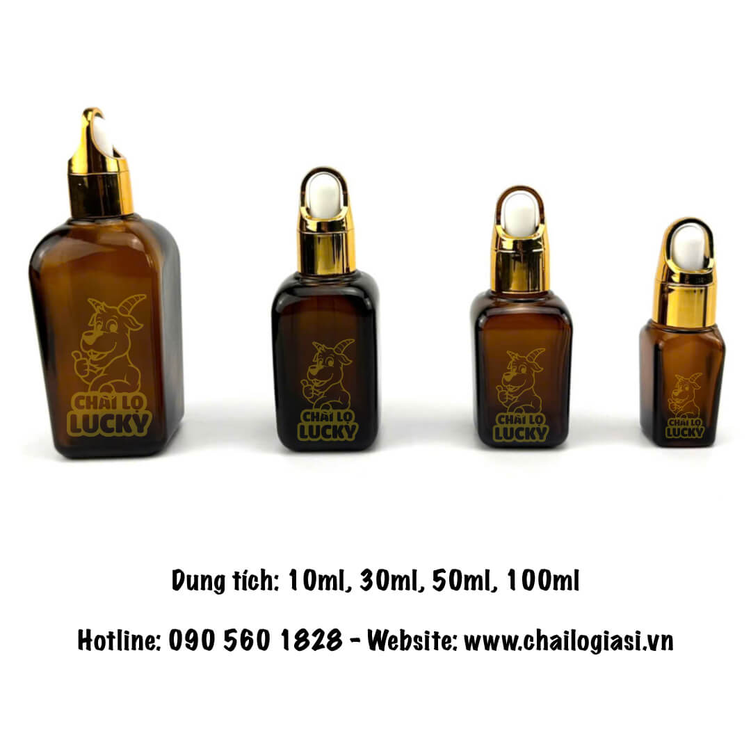 chai thuỷ tinh vuông màu nâu đựng tinh dầu 50ml khoen vàng quai xách